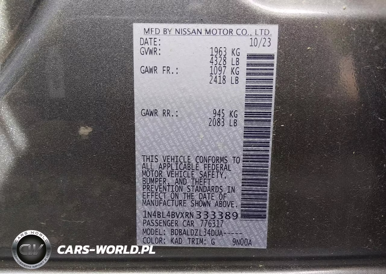 2024 Nissan Altima S Fwd VIN:1N4BL4BVXRN333389 - 9