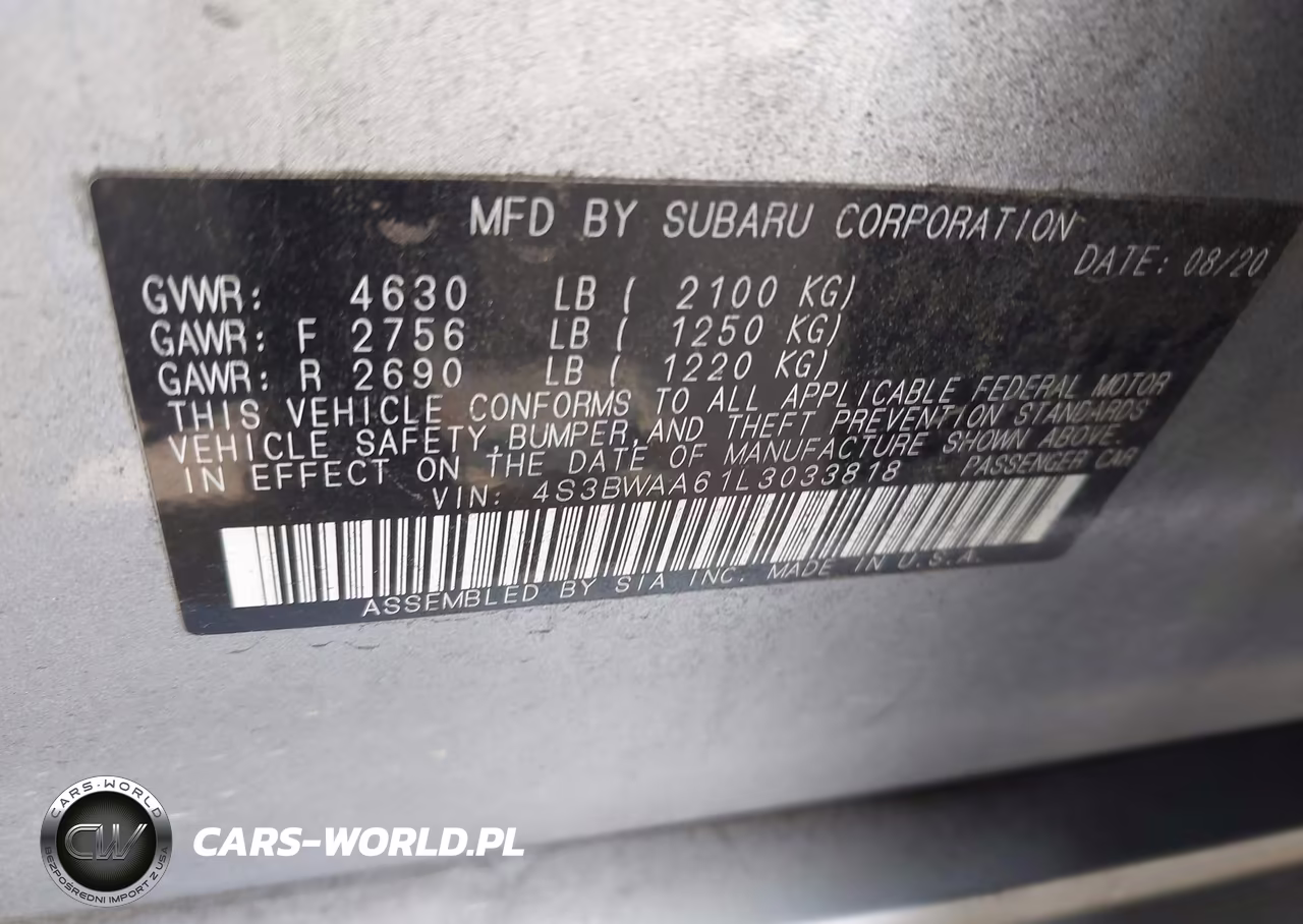 2020 Subaru Legacy VIN:4S3BWAA61L3033818 - 9