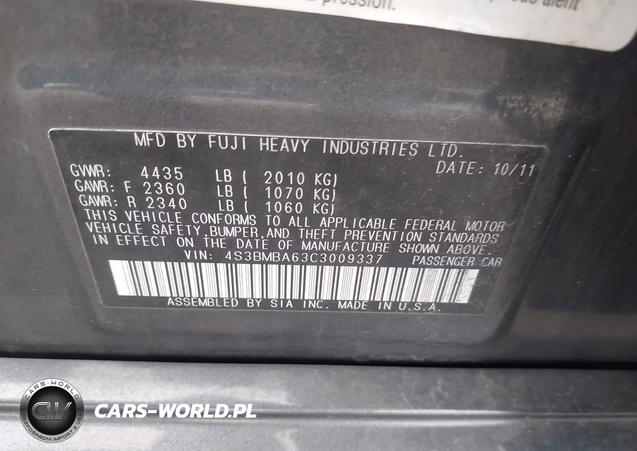 2012 Subaru Legacy 2.5I VIN:4S3BMBA63C3009337 - 9