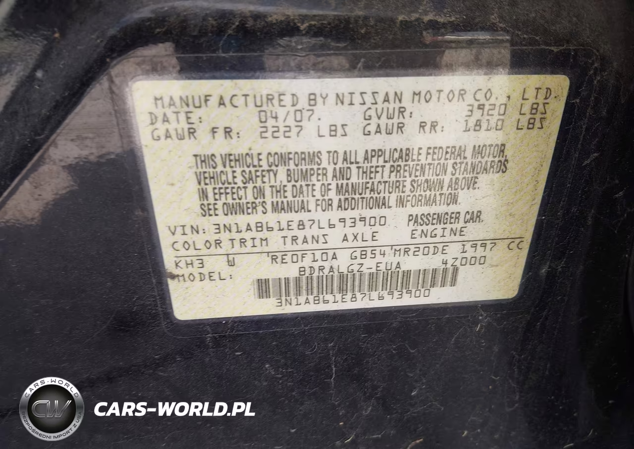 2007 Nissan Sentra 2.0Sl VIN:3N1AB61E87L693900 - 9