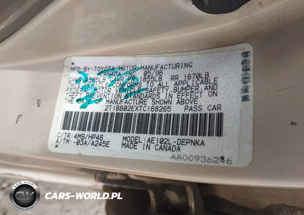 1996 Toyota Corolla Dx VIN:2T1BB02EXTC168265 - 9