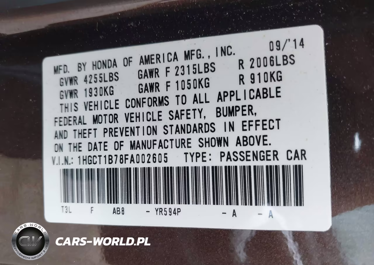 2015 Honda Accord Ex VIN:1HGCT1B78FA002605 - 9
