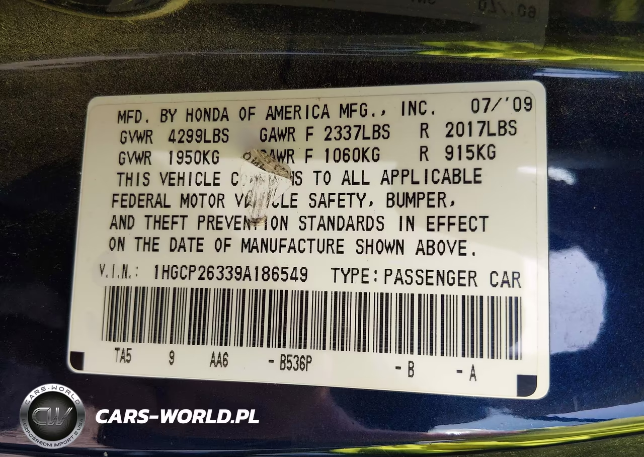 2009 Honda Accord 2.4 Lx VIN:1HGCP26339A186549 - 9