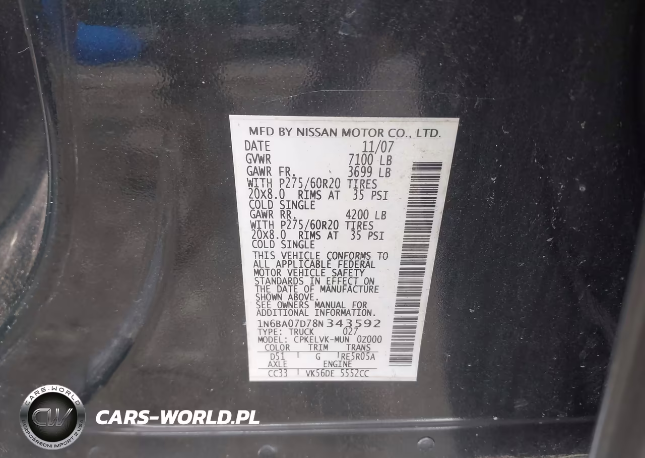 2008 Nissan Titan Se VIN:1N6BA07D78N343592 - 9