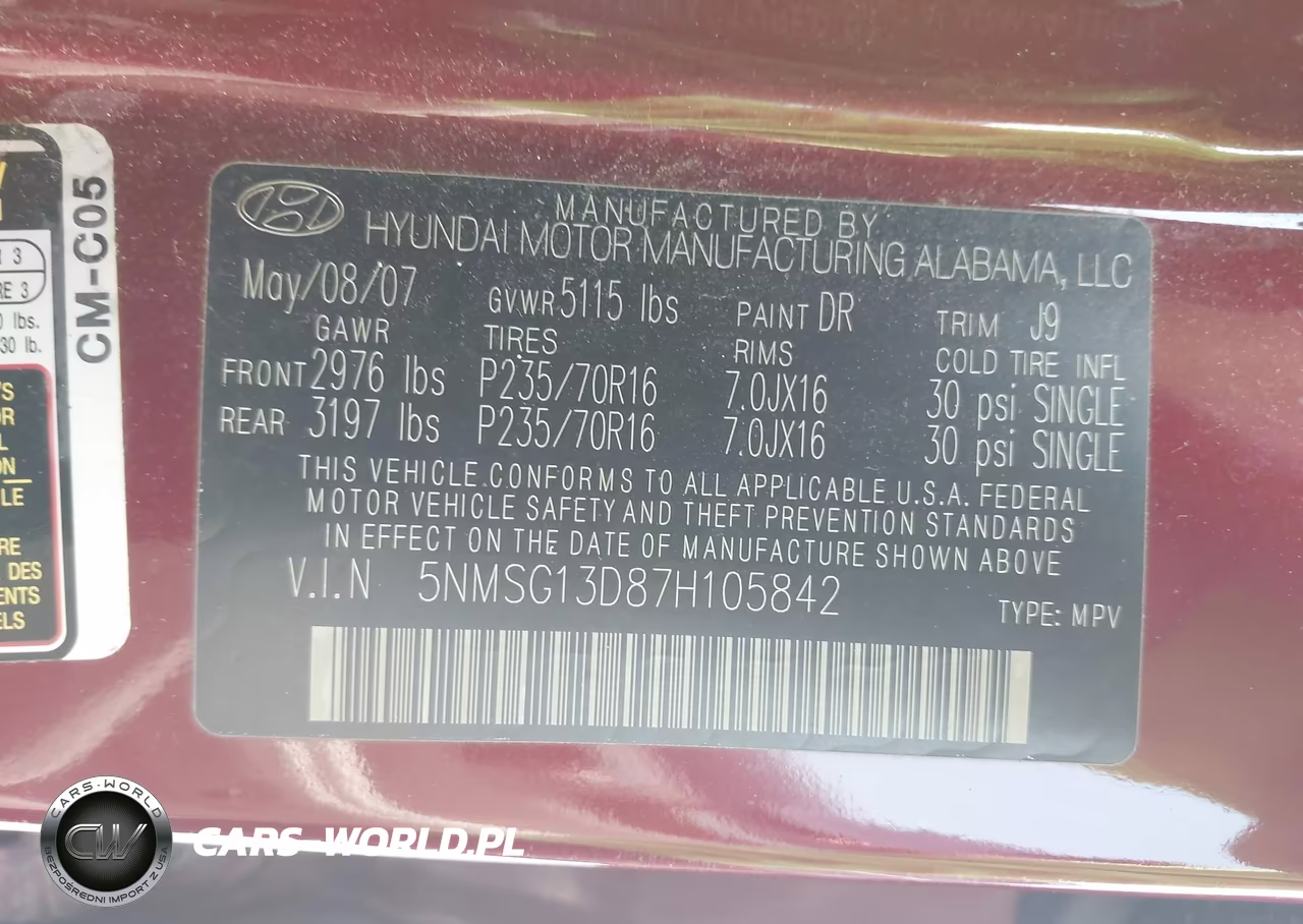 2007 Hyundai Santa Fe Gls VIN:5NMSG13D87H105842 - 9