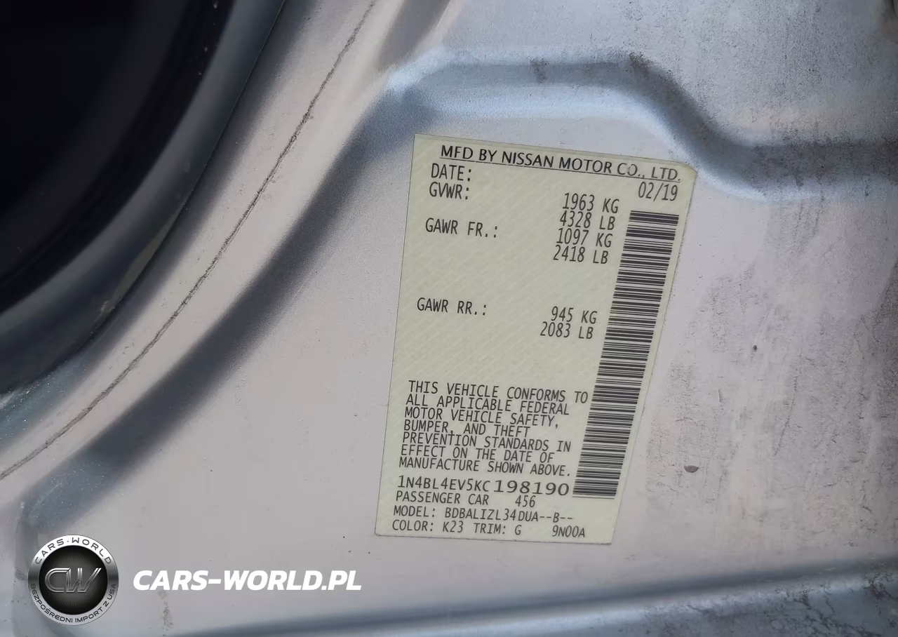 2019 Nissan Altima 2.5 Sl VIN:1N4BL4EV5KC198190 - 9