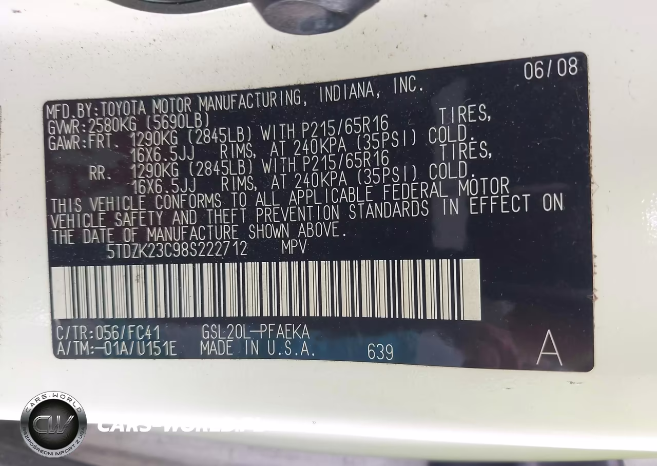 2008 Toyota Sienna Le VIN:5TDZK23C98S222712 - 9