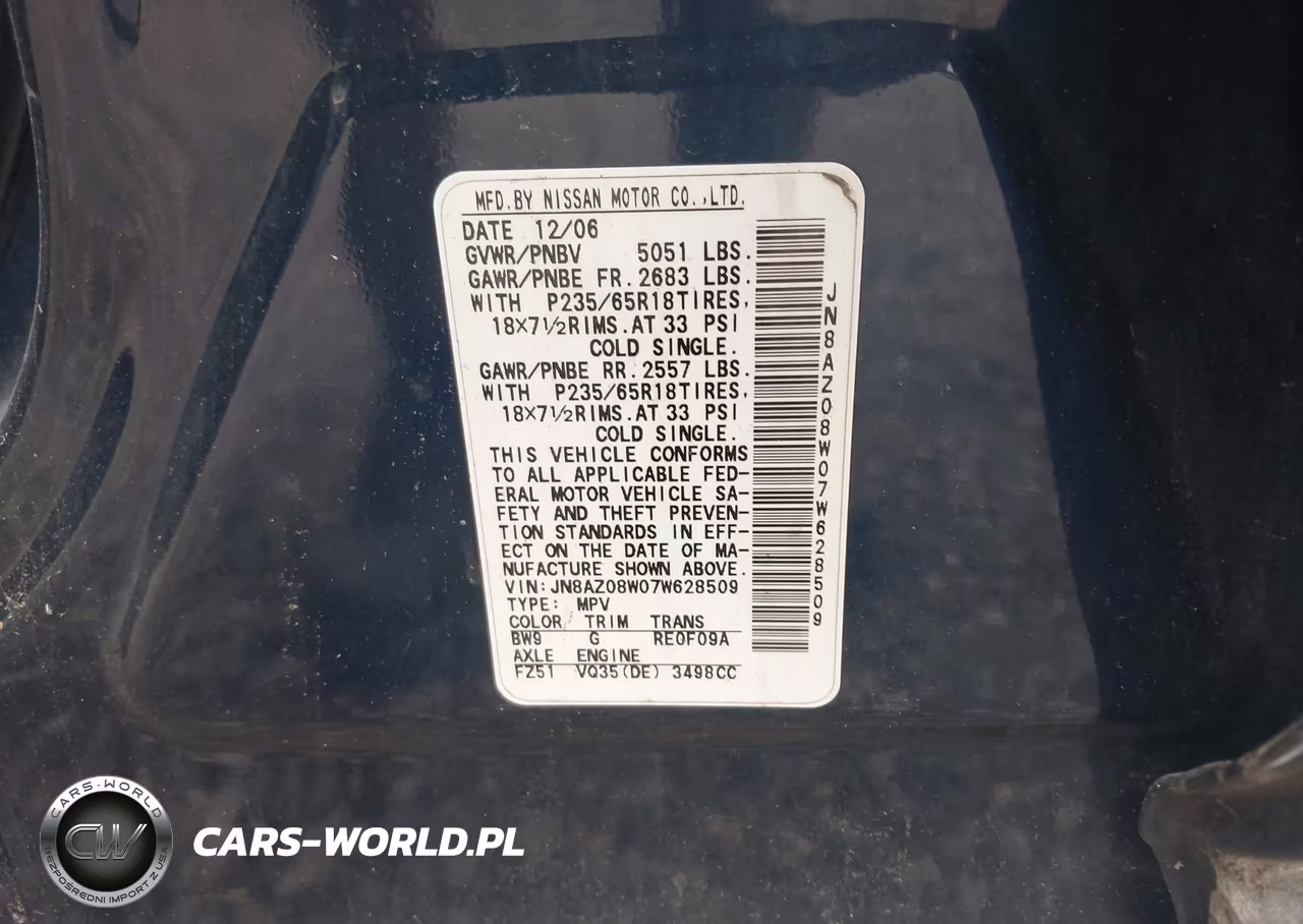 2007 Nissan Murano Sl VIN:JN8AZ08W07W628509 - 9