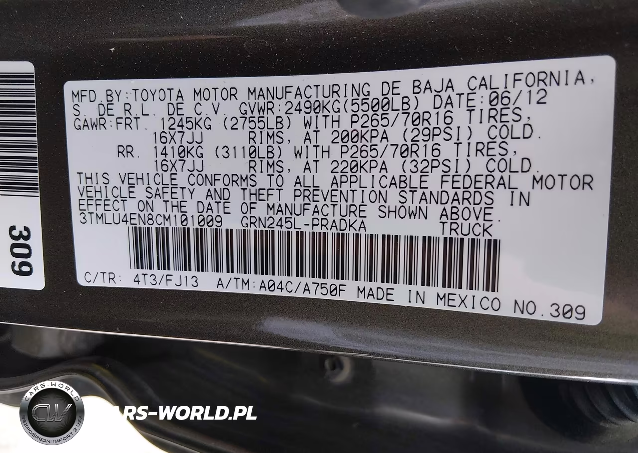 2012 Toyota Tacoma Base V6 VIN:3TMLU4EN8CM101009 - 9
