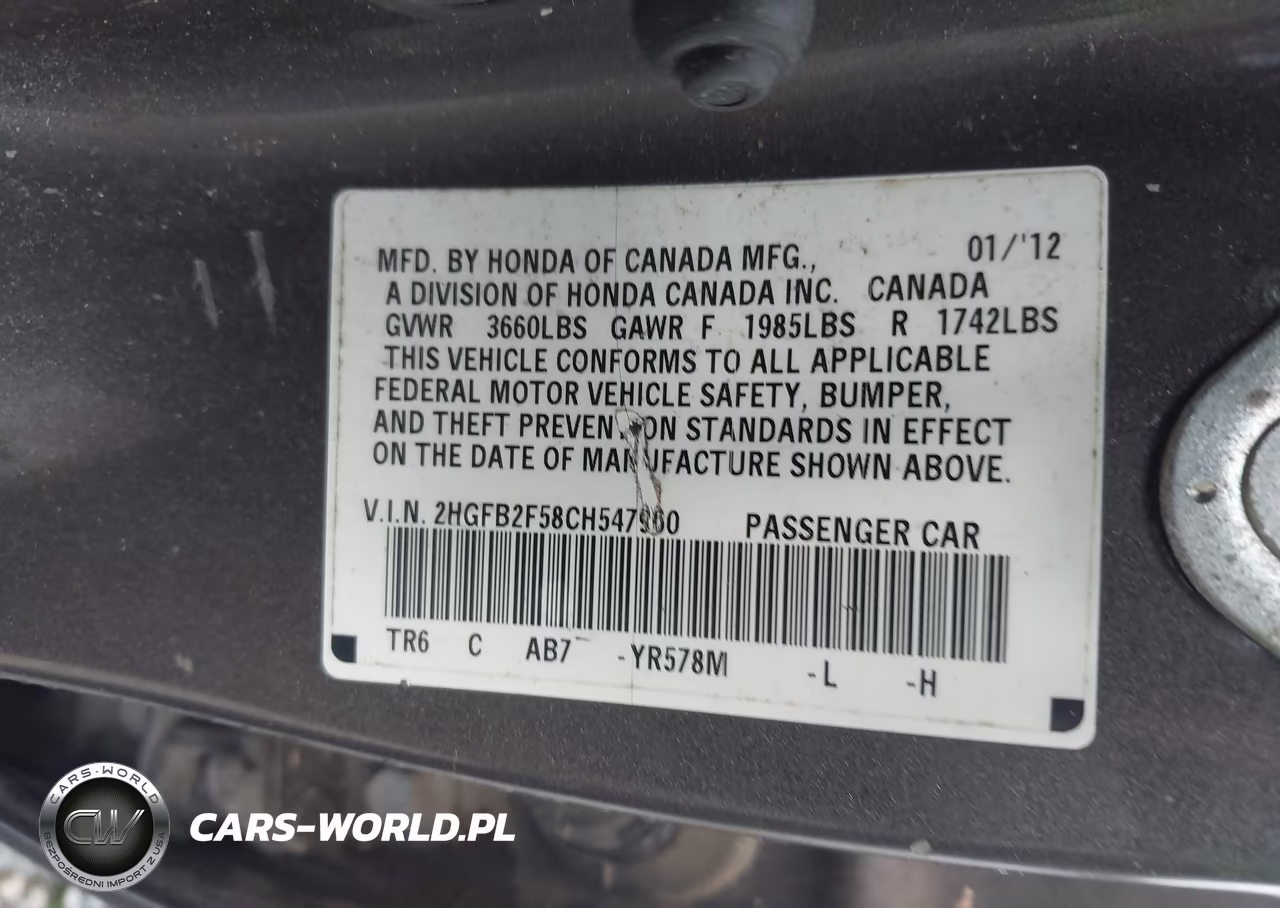 2012 Honda Civic Lx VIN:2HGFB2F58CH547960 - 9