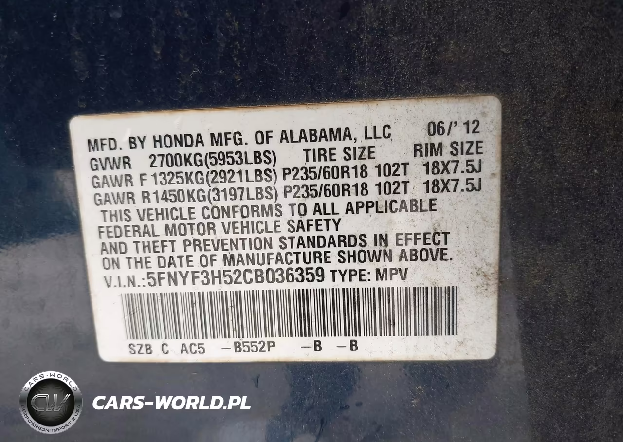 2012 Honda Pilot Ex-L VIN:5FNYF3H52CB036359 - 9