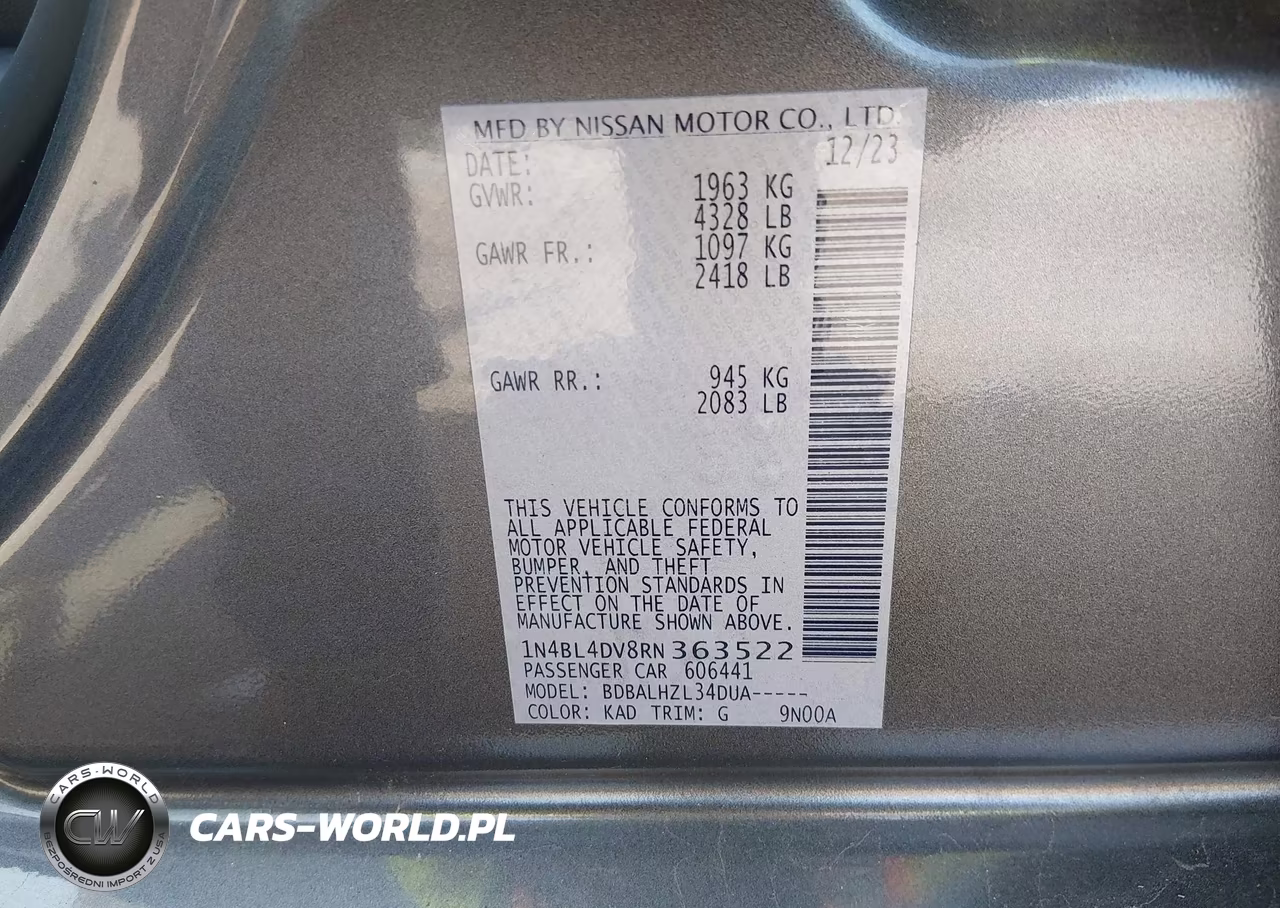 2024 Nissan Altima Sv Fwd VIN:1N4BL4DV8RN363522 - 9
