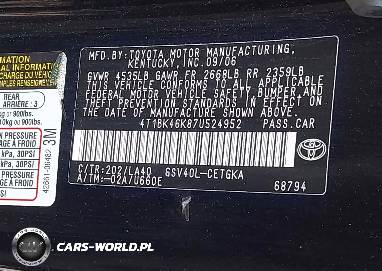 2007 Toyota Camry Xle V6 VIN:4T1BK46K87U524952 - 9