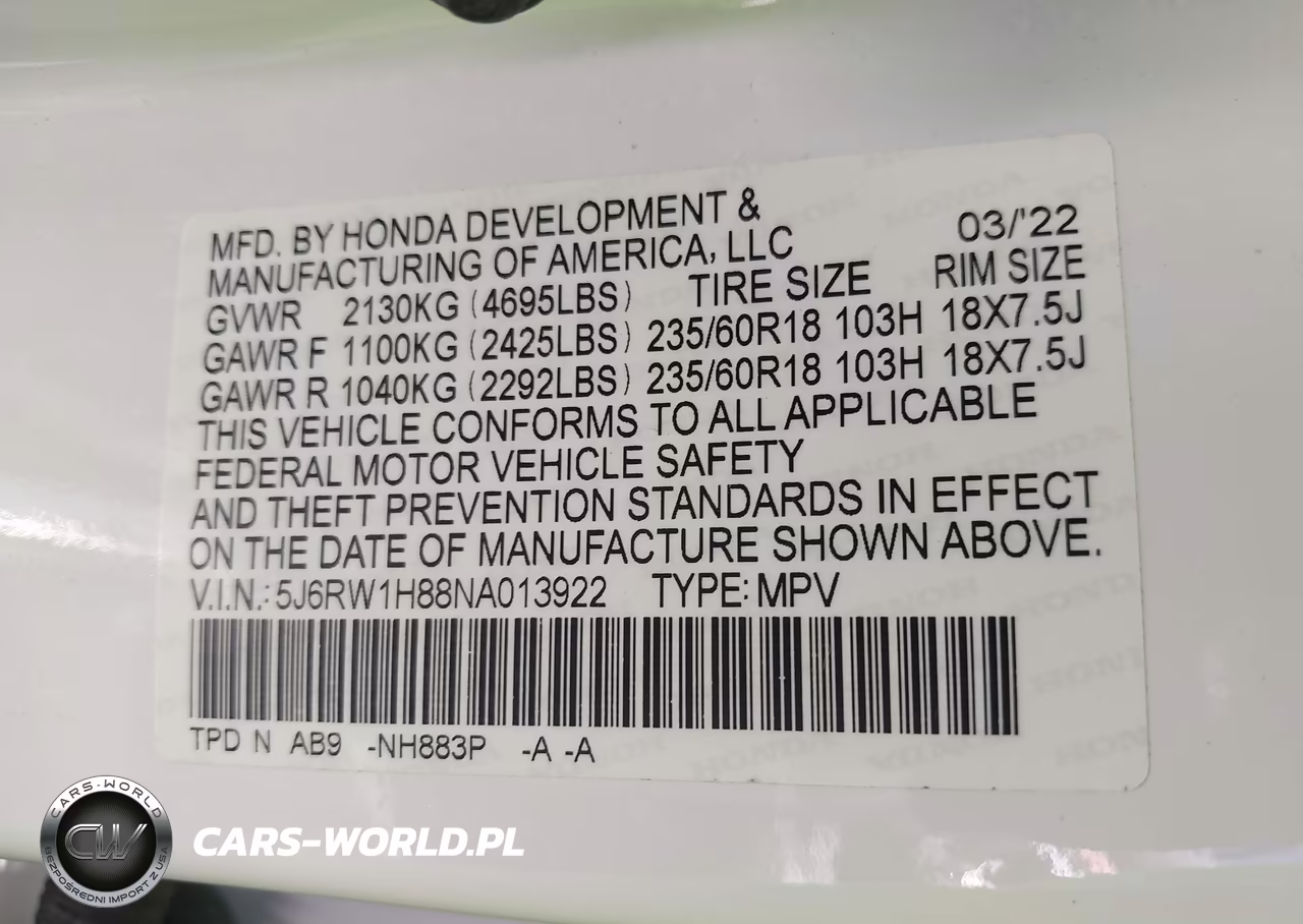2022 Honda Cr-V 2Wd Ex-L VIN:5J6RW1H88NA013922 - 9