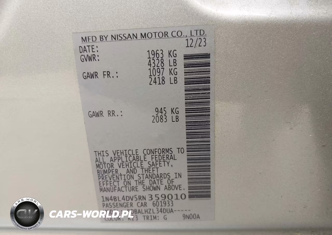 2024 Nissan Altima Sv Fwd VIN:1N4BL4DV5RN359010 - 9