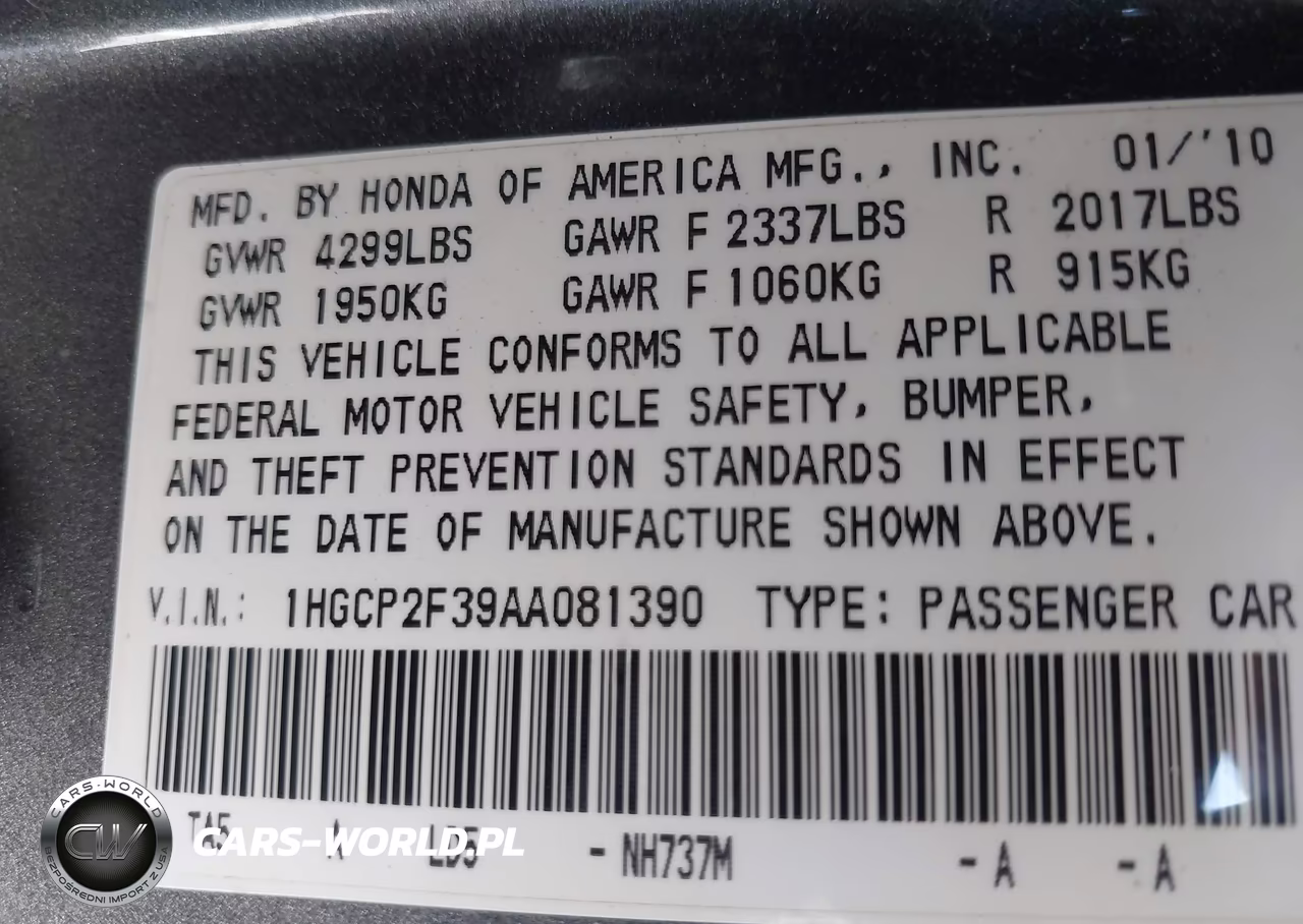 2010 Honda Accord 2.4 Lx VIN:1HGCP2F39AA081390 - 9