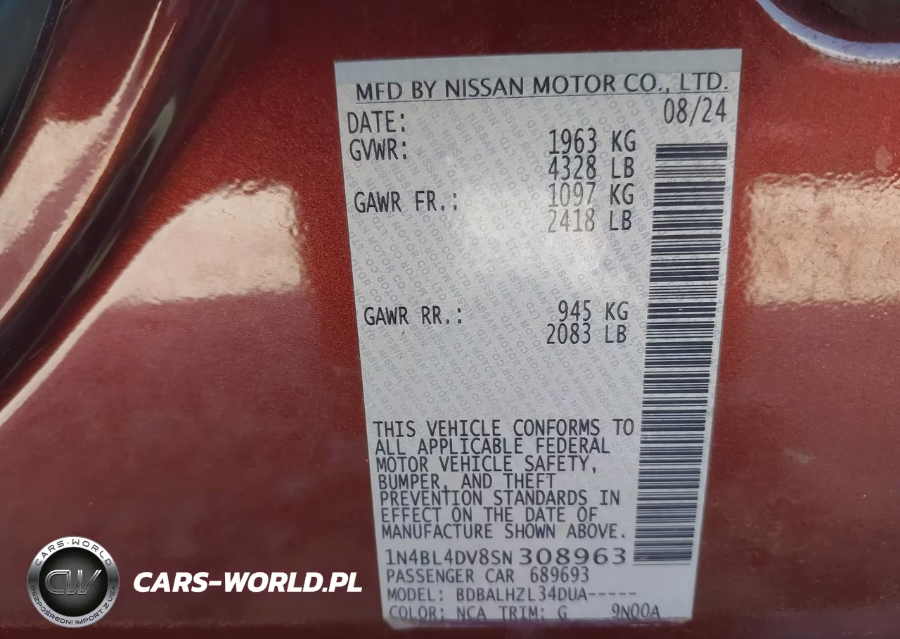 2025 Nissan Altima Sv Fwd VIN:1N4BL4DV8SN308963 - 9