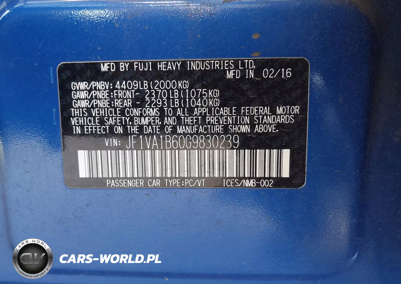 2016 Subaru Wrx VIN:JF1VA1B60G9830239 - 9