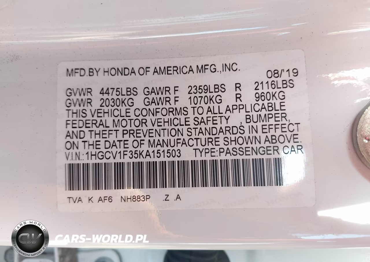2019 Honda Accord Sport VIN:1HGCV1F35KA151503 - 9