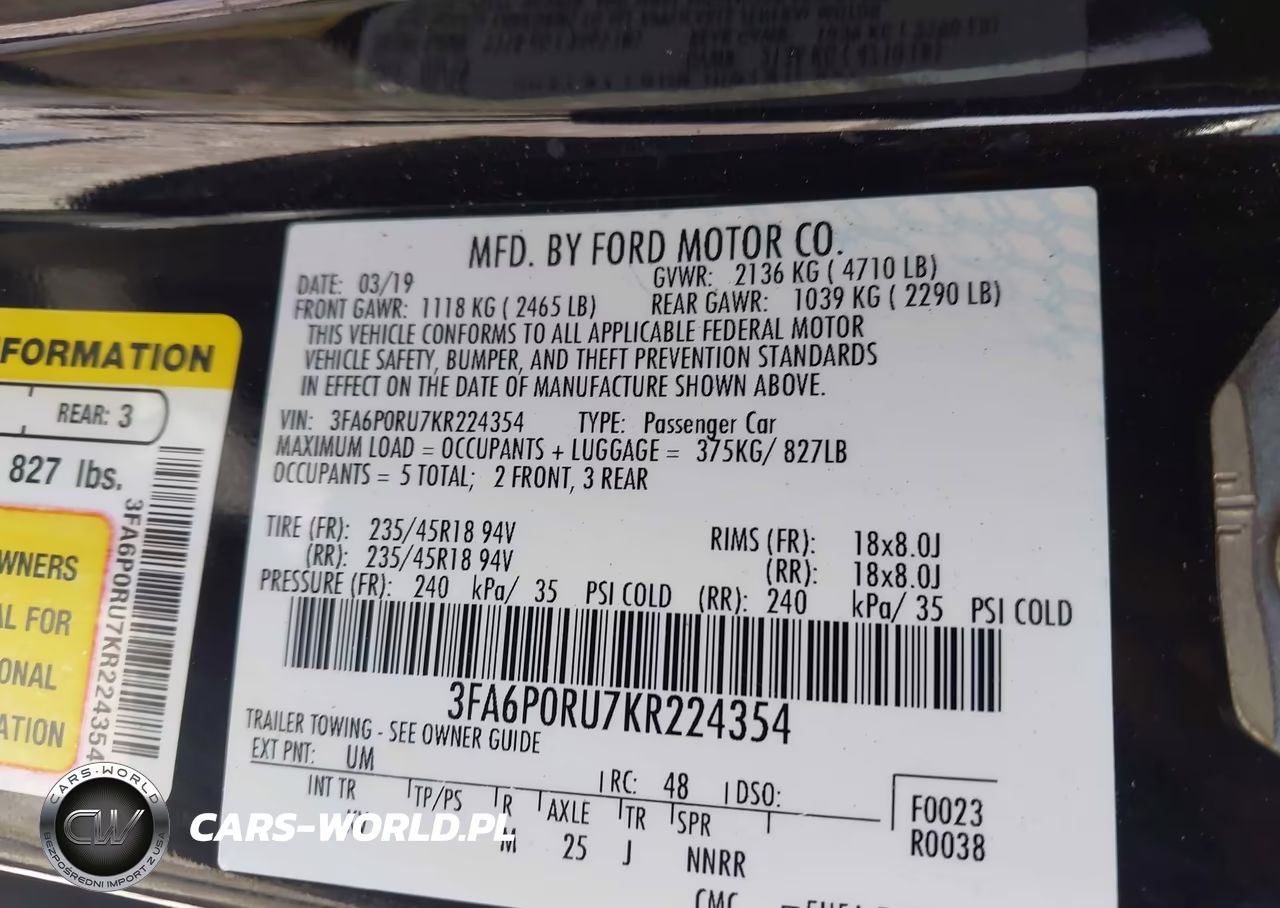 2019 Ford Fusion Hybrid Titanium VIN:3FA6P0RU7KR224354 - 9