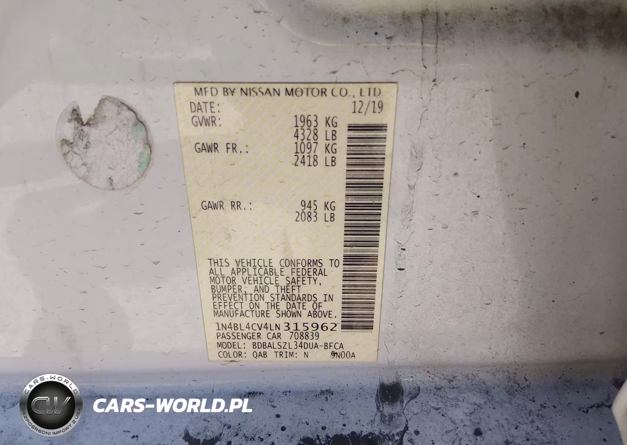 2020 Nissan Altima Sr Fwd VIN:1N4BL4CV4LN315962 - 9