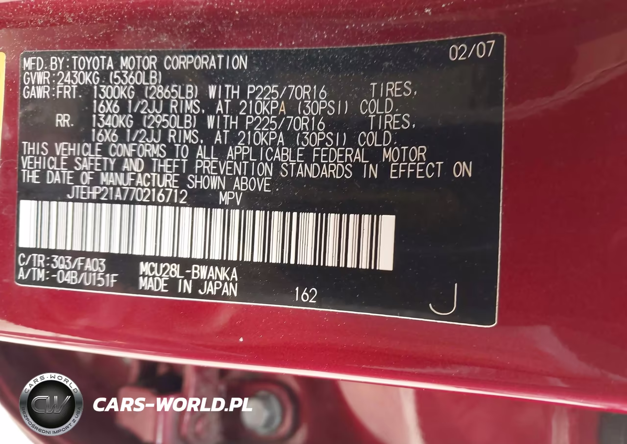 2007 Toyota Highlander V6 (2 Rows) (A5) VIN:JTEHP21A770216712 - 9