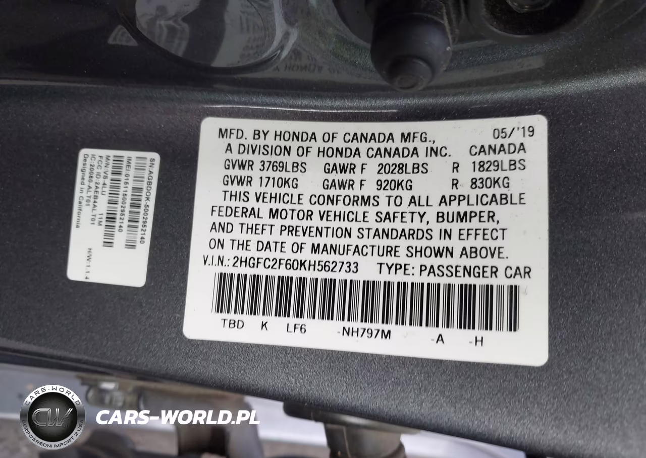 2019 Honda Civic Lx VIN:2HGFC2F60KH562733 - 9