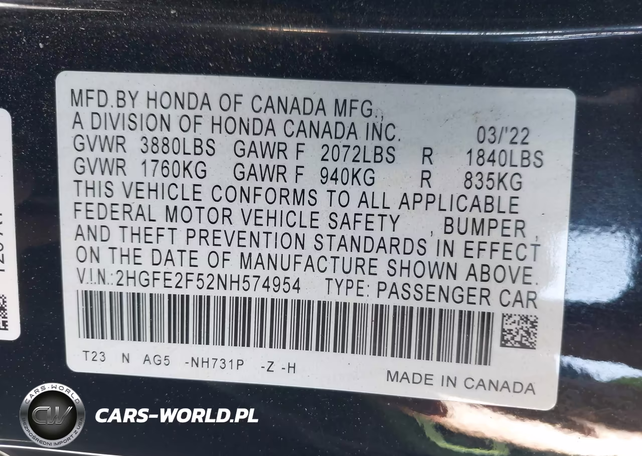 2022 Honda Civic Sport VIN:2HGFE2F52NH574954 - 9