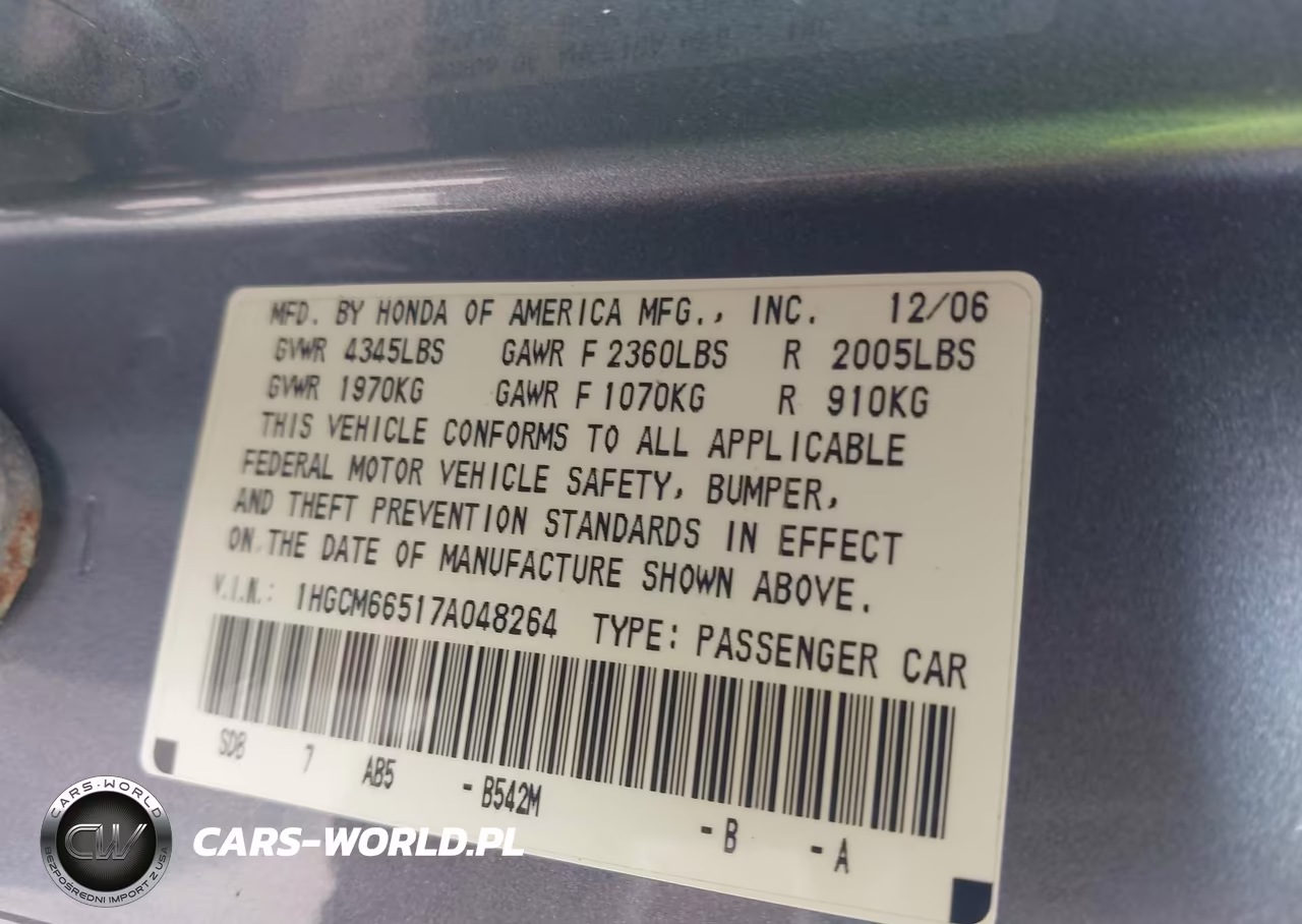 2007 Honda Accord 3.0 Ex VIN:1HGCM66517A048264 - 9