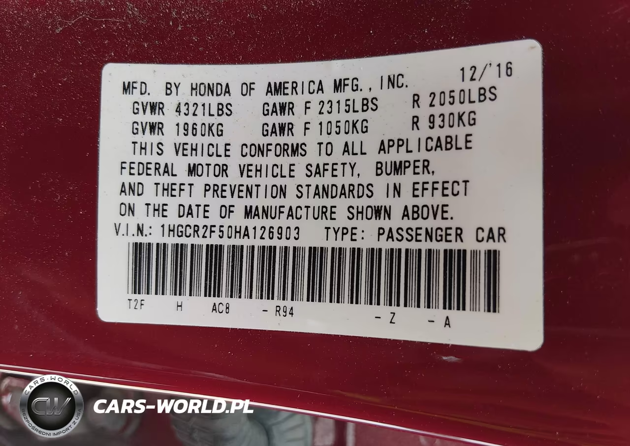 2017 Honda Accord Sport VIN:1HGCR2F50HA126903 - 9