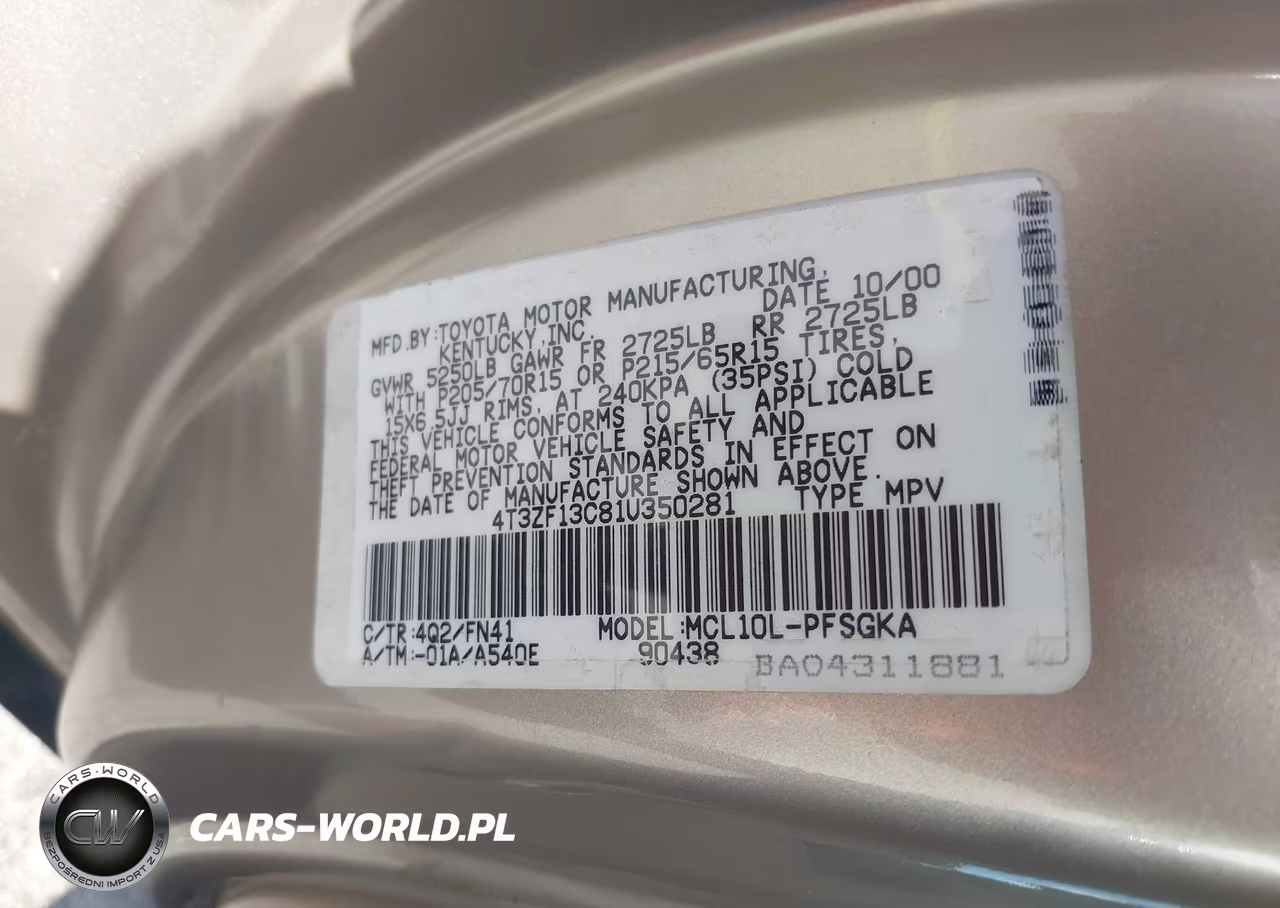 2001 Toyota Sienna Le VIN:4T3ZF13C81U350281 - 9