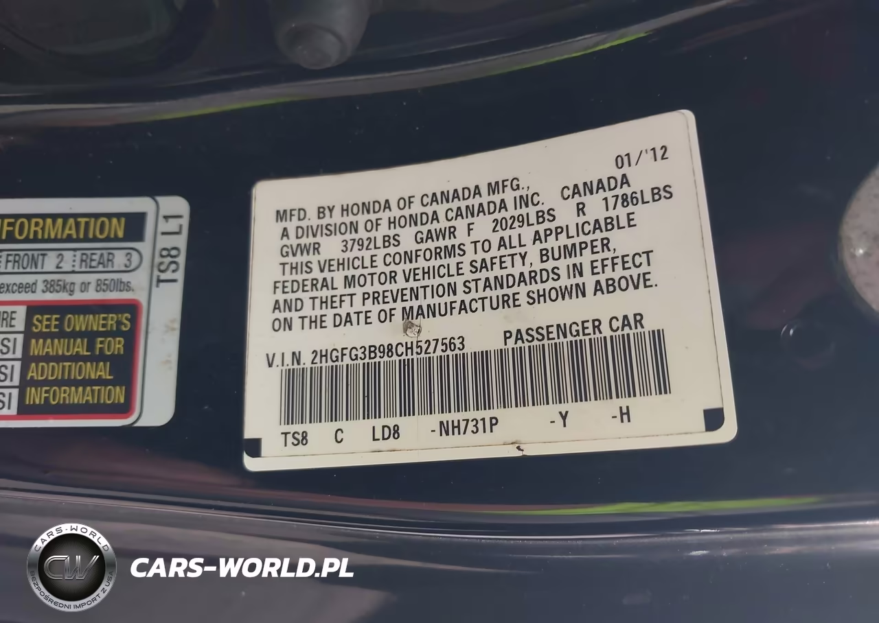2012 Honda Civic Ex-L VIN:2HGFG3B98CH527563 - 9