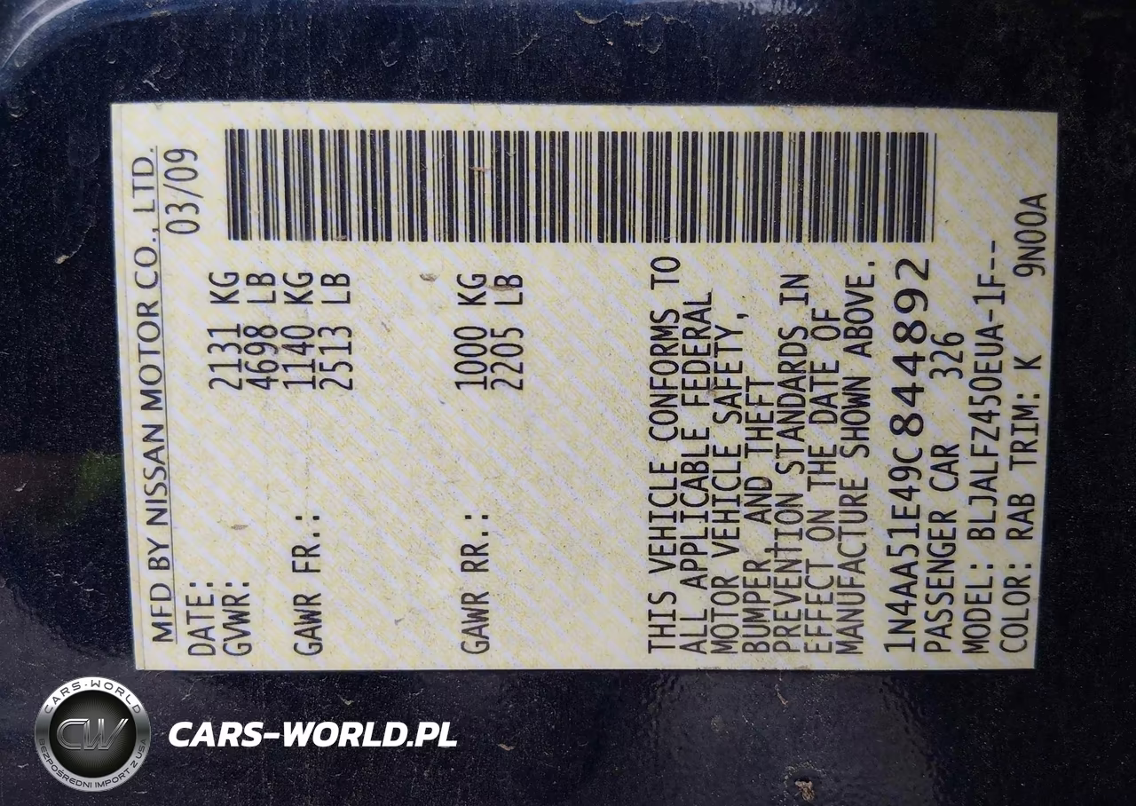 2009 Nissan Maxima 3.5 Sv VIN:1N4AA51E49C844892 - 9