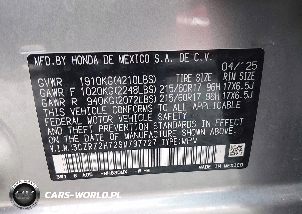 2025 Honda Hr-V Awd Ex-L VIN:3CZRZ2H72SM797727 - 9