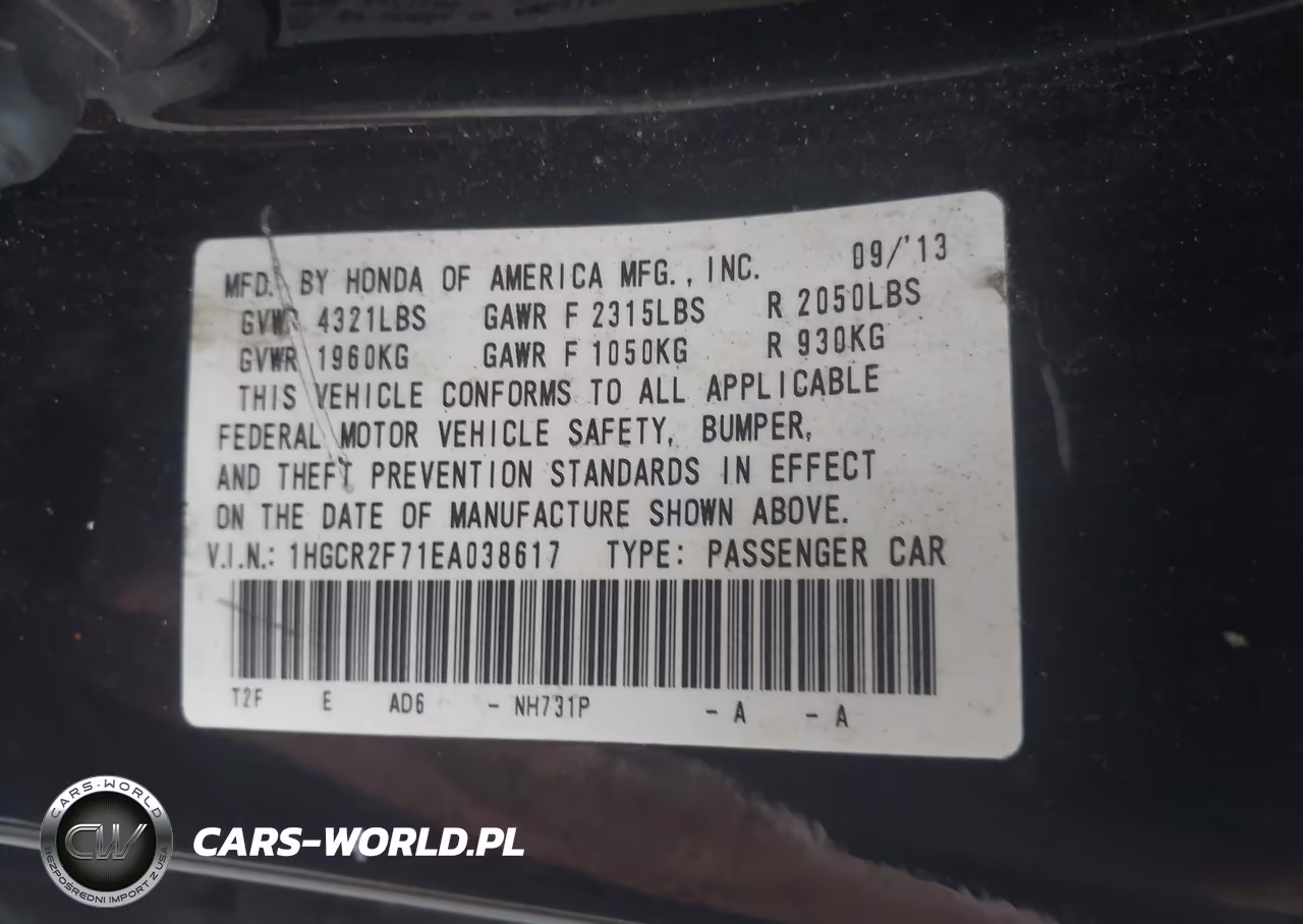 2014 Honda Accord Ex VIN:1HGCR2F71EA038617 - 9