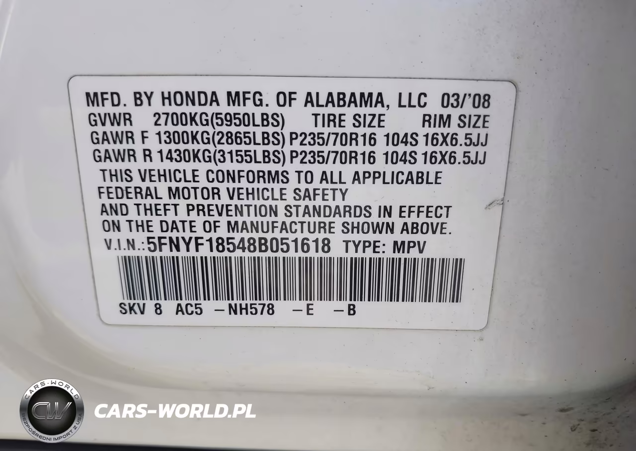 2008 Honda Pilot Ex-L VIN:5FNYF18548B051618 - 9