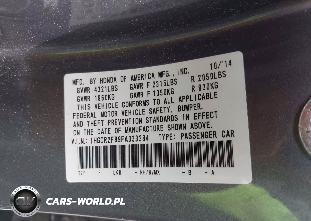 2015 Honda Accord Ex-L VIN:1HGCR2F89FA033384 - 9