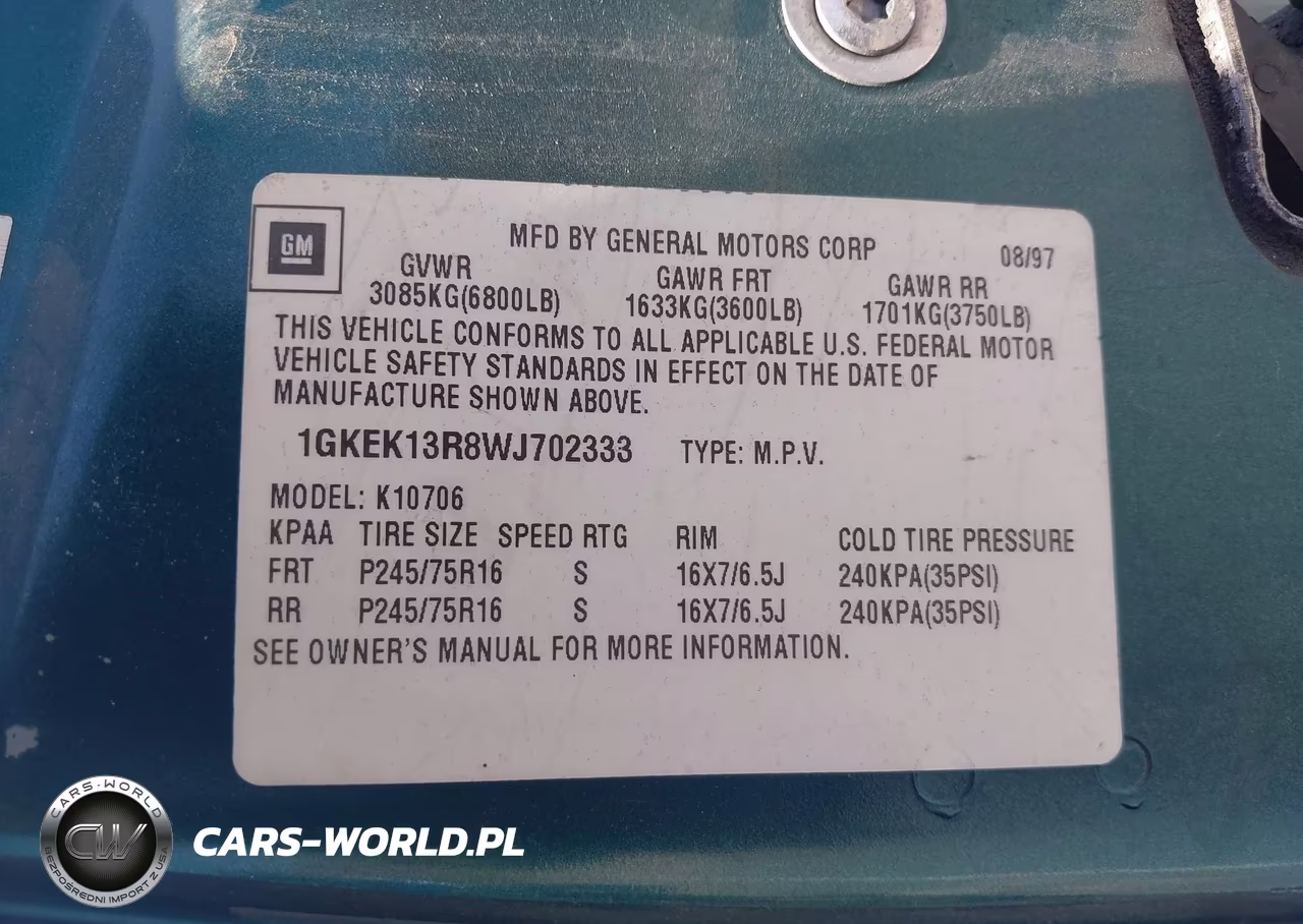 1998 GMC Yukon Slt VIN:1GKEK13R8WJ702333 - 9