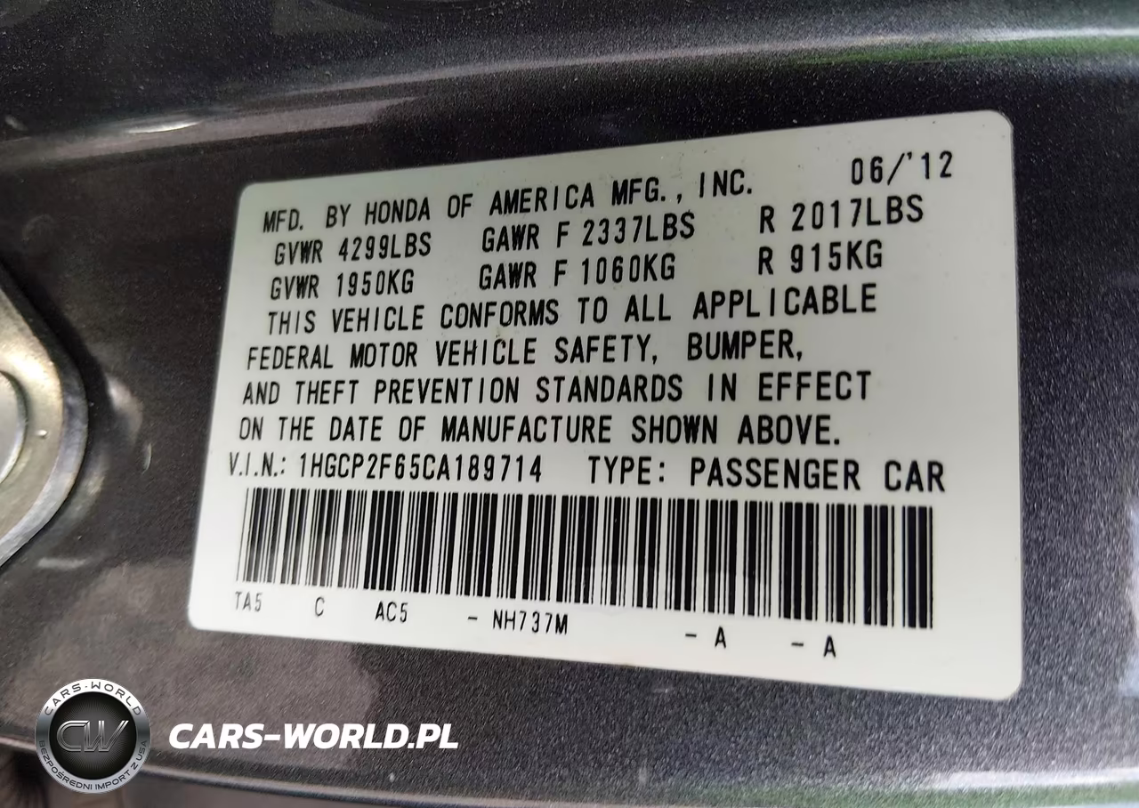 2012 Honda Accord 2.4 Se VIN:1HGCP2F65CA189714 - 9