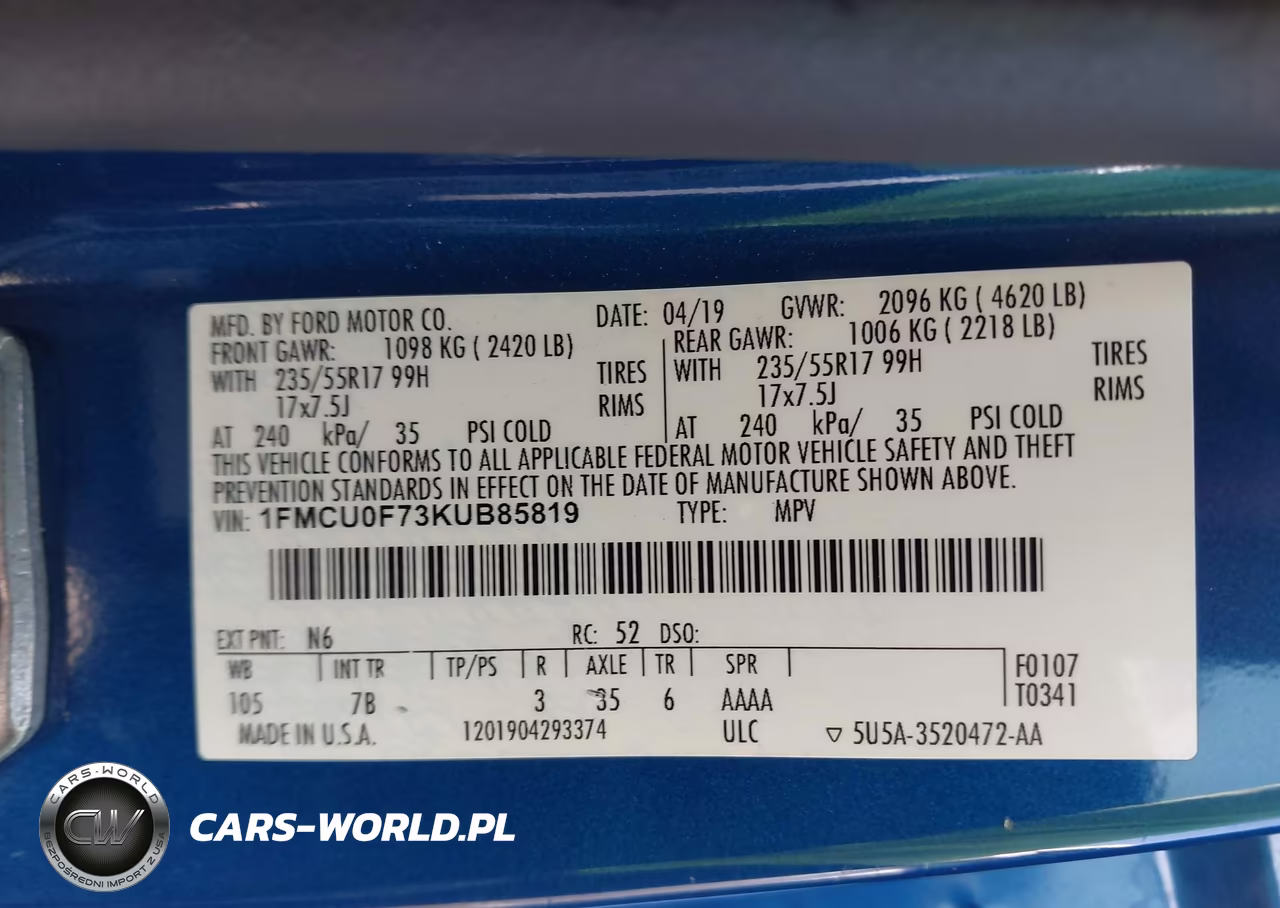 2019 Ford Escape S VIN:1FMCU0F73KUB85819 - 9