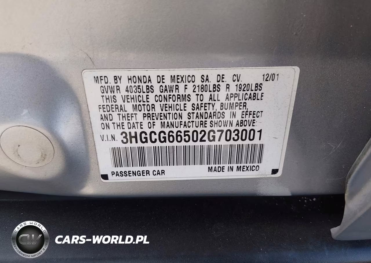 2002 Honda Accord 2.3 Lx VIN:3HGCG66502G703001 - 9