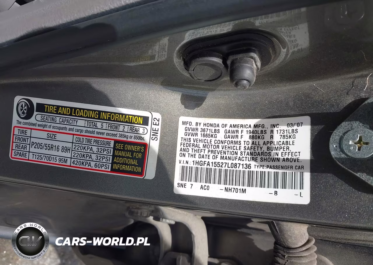 2007 Honda Civic Lx VIN:1HGFA15527L087136 - 9