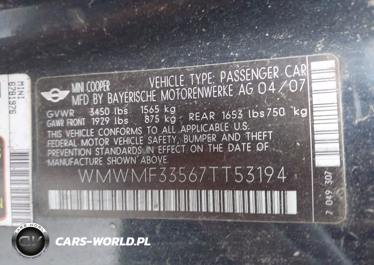 2007 Mini Cooper VIN:WMWMF33567TT53194 - 9