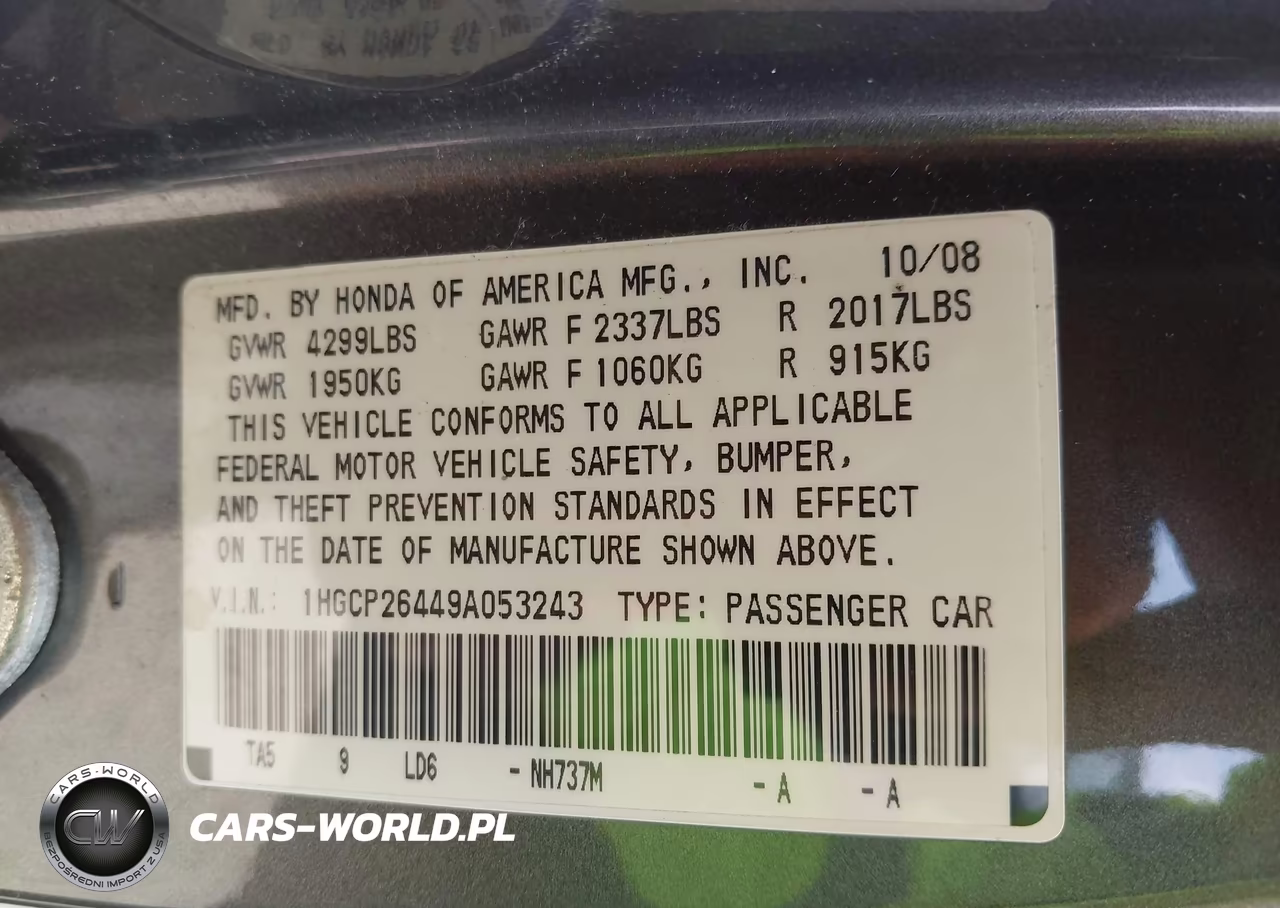 2009 Honda Accord 2.4 Lx-P VIN:1HGCP26449A053243 - 9
