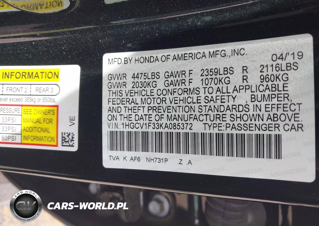 2019 Honda Accord Sport VIN:1HGCV1F33KA085372 - 9