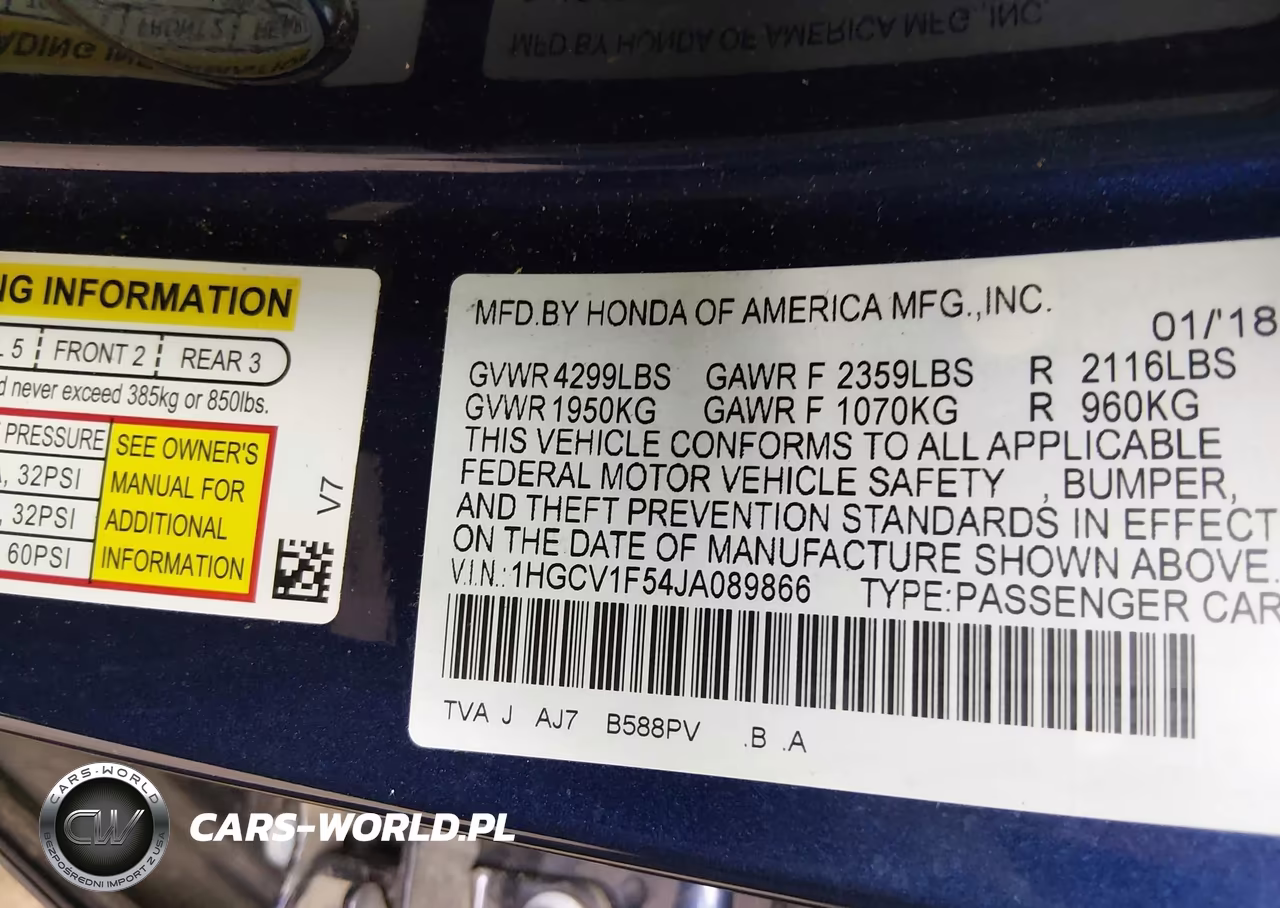 2018 Honda Accord Ex-L VIN:1HGCV1F54JA089866 - 9