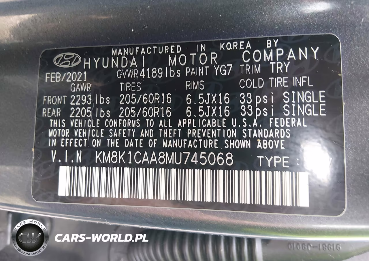 2021 Hyundai Kona Se VIN:KM8K1CAA8MU745068 - 9