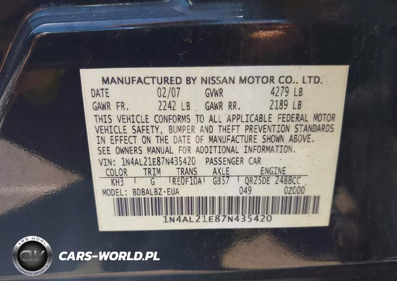 2007 Nissan Altima 2.5 S VIN:1N4AL21E87N435420 - 9