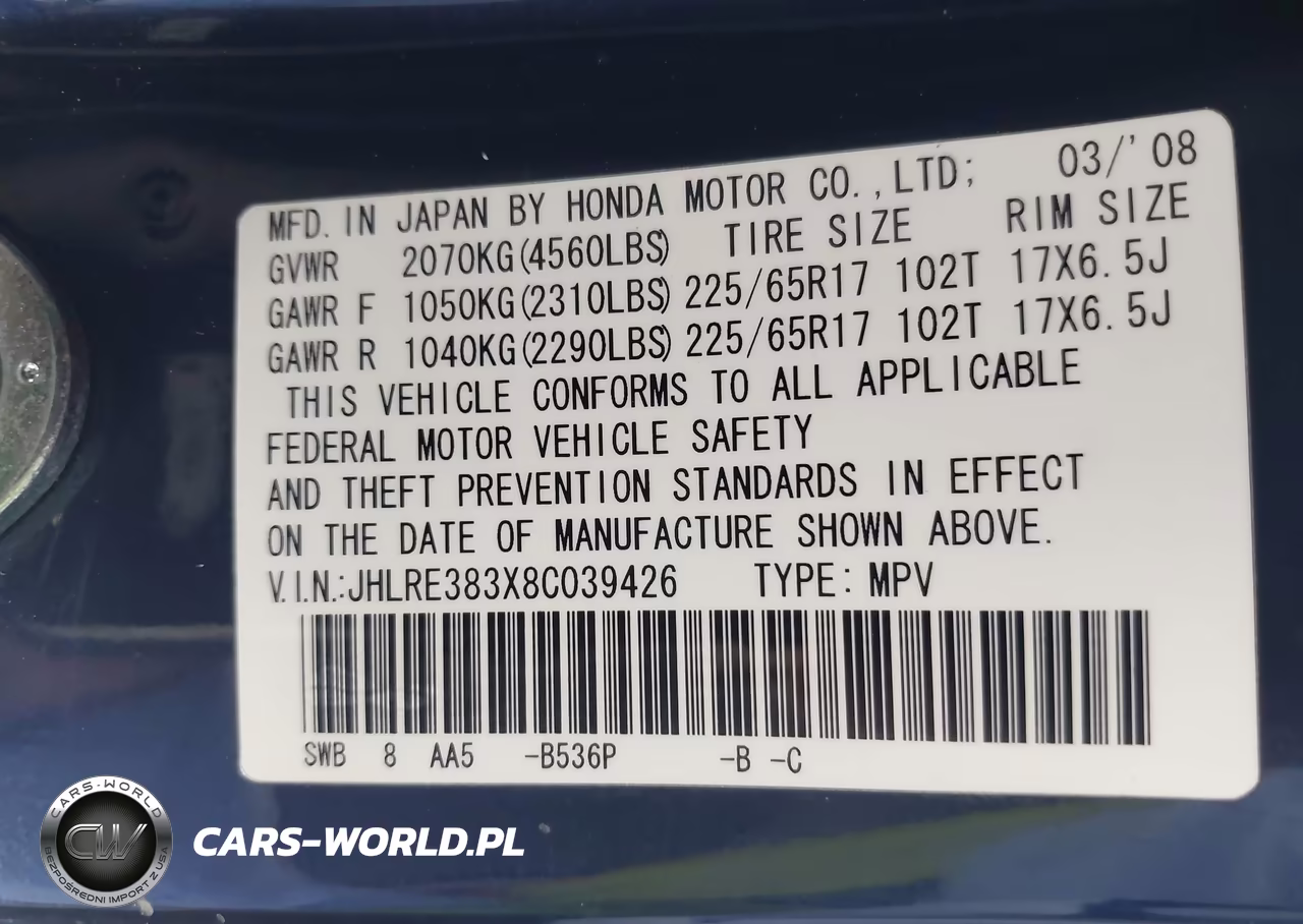 2008 Honda Cr-V Lx VIN:JHLRE383X8C039426 - 9