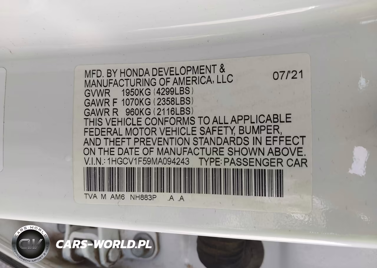 2021 Honda Accord Ex-L VIN:1HGCV1F59MA094243 - 9